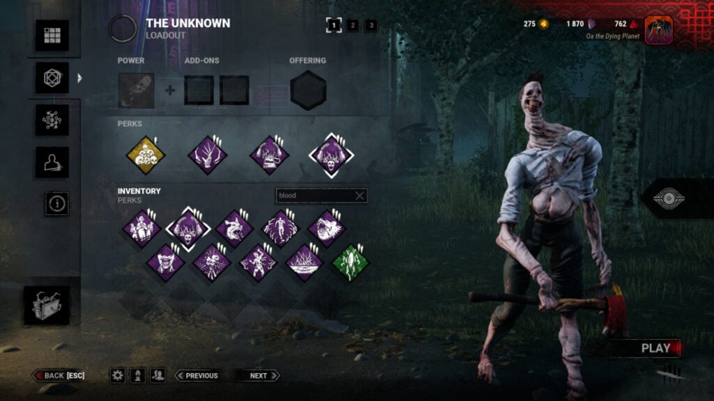 An end-game loadout of perks, one of the best Unknown builds in Dead by Daylight