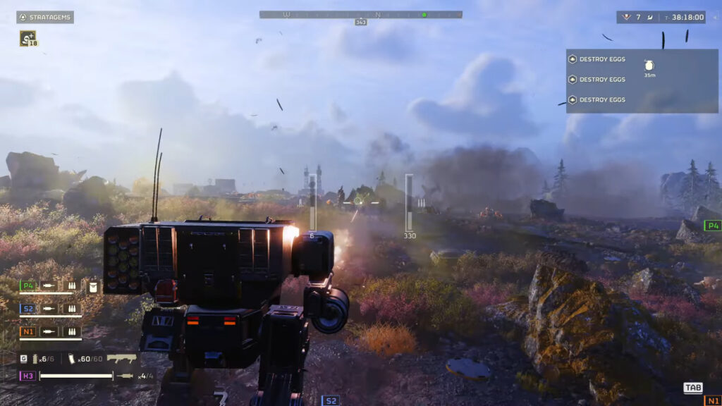 A mech fires at Terminids in Helldivers 2