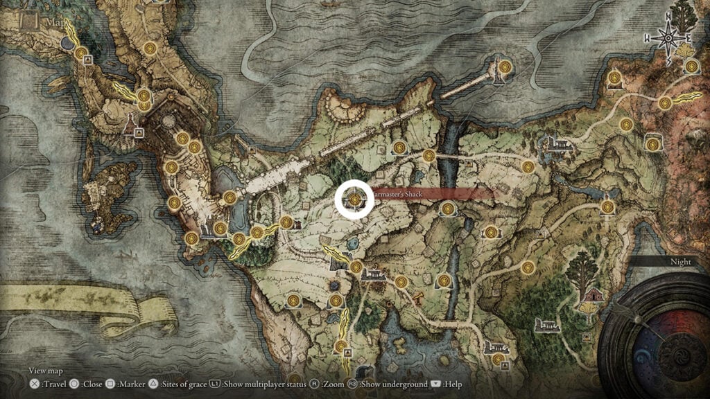 The location of Warmaster's Shack in Elden Ring, as showcased in the game's map. 