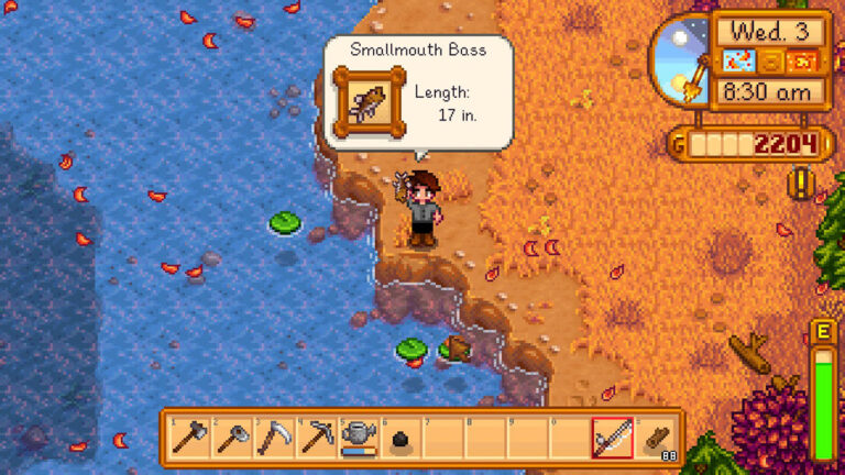 The farmer catches the Smallmouth Bass fish in Stardew Valley.