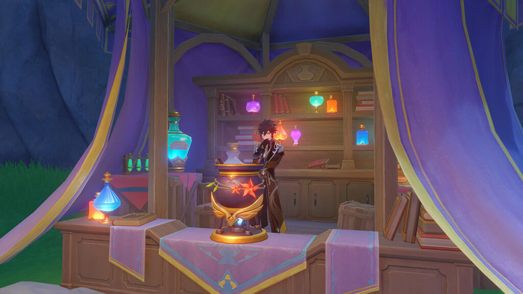 Zhongli looks at the cauldron used to brew the potions part of Genshin Impact's Alchemical Ascension event.
