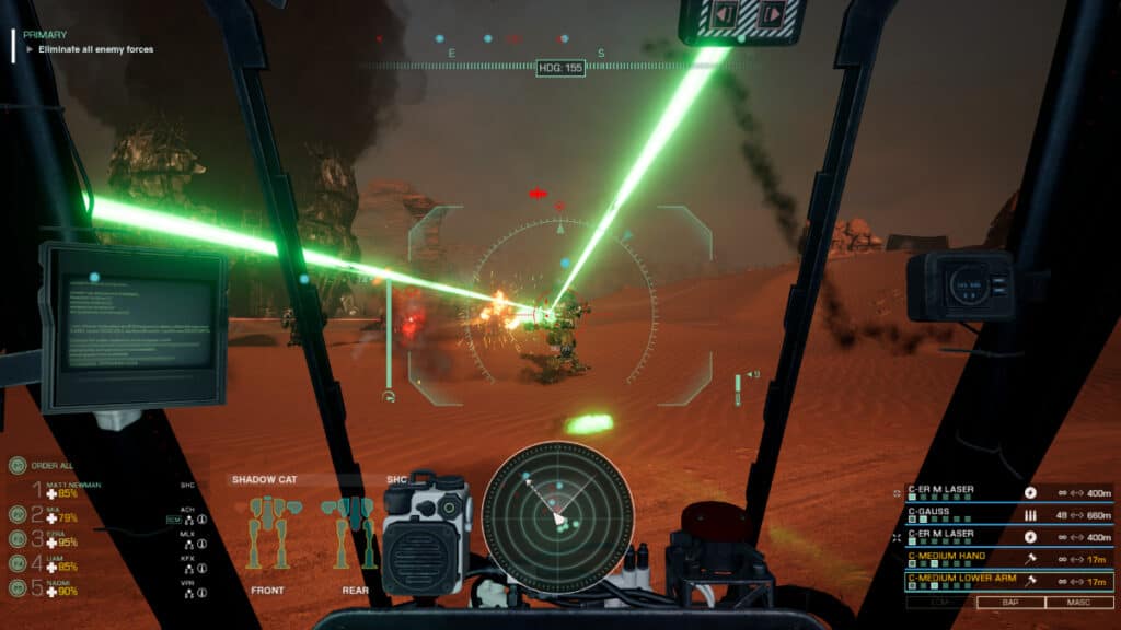 A view inside the cockpit of a mech in combat
