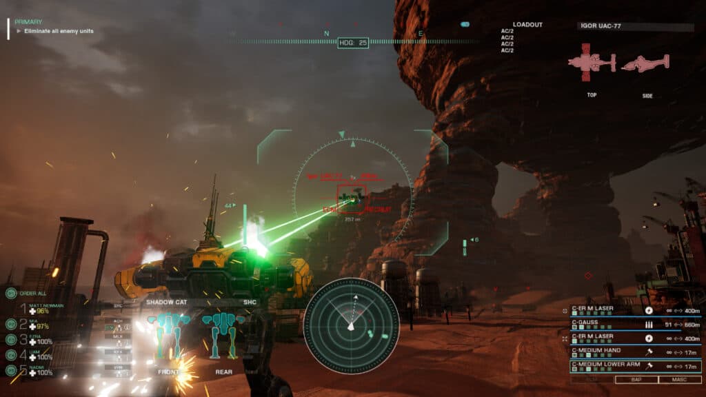 A mech shoots its lasers at an aerial enemy
