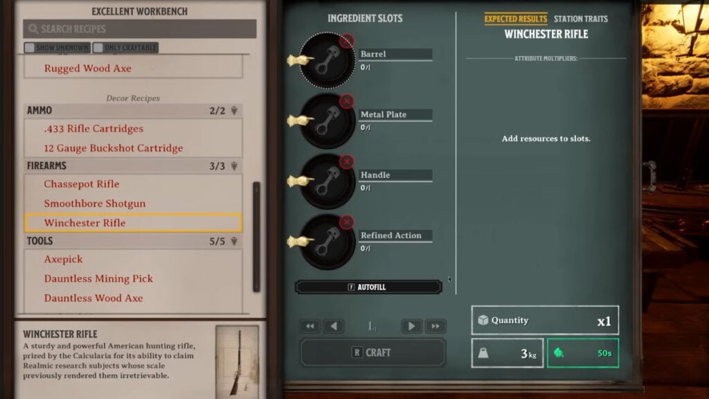 The crafting recipe for a Winchester Rifle, part of the best gun build in Nightingale