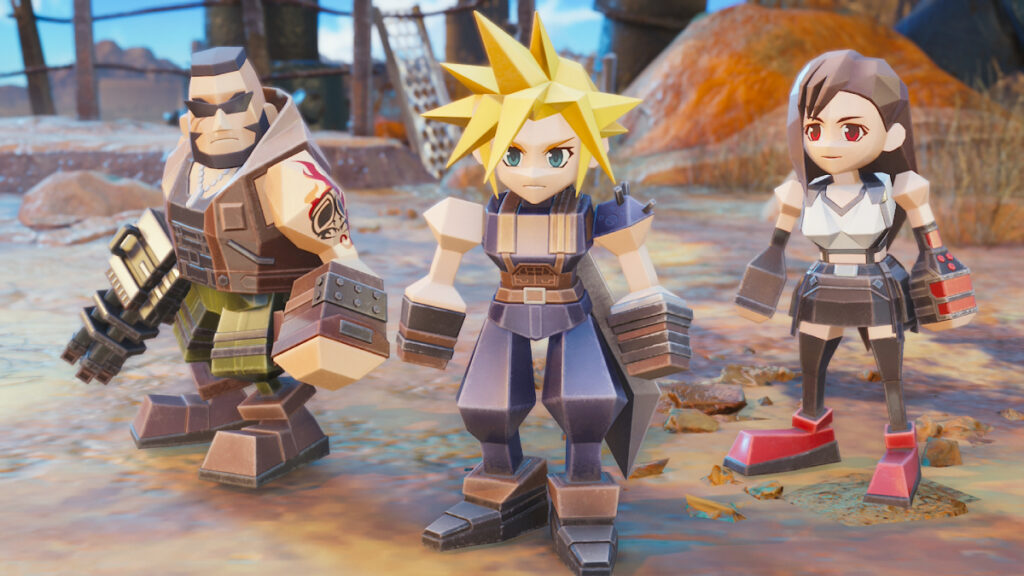 Cloud, Barret, and Tifa playing Fort Condor