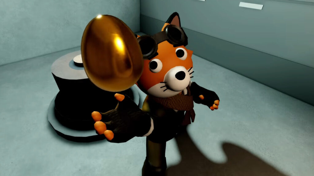 A fox holds up a golden egg during the Hunt badge event in Piggy