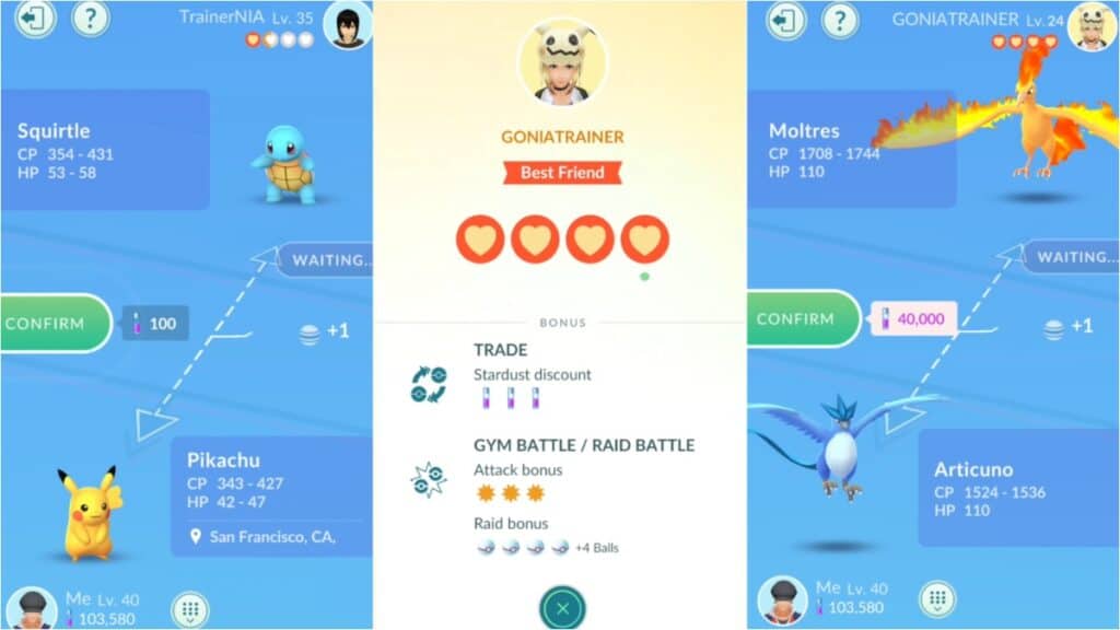 A player's Best Friend and several Pokemon demonstrate how Trade Cost works in Pokemon Go