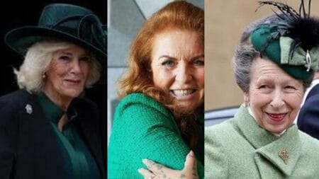 Queen Camilla, Sarah Ferguson and Princess Anne in green Easter outfits.