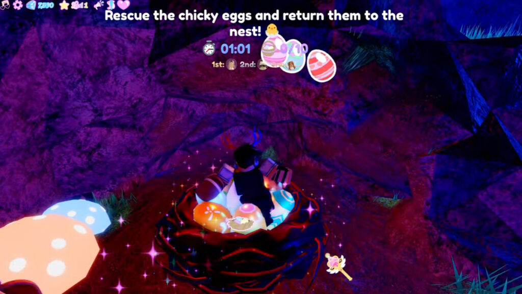The player stands in the egg nest while trying to get the Hunt: First Edition badge in Royale High