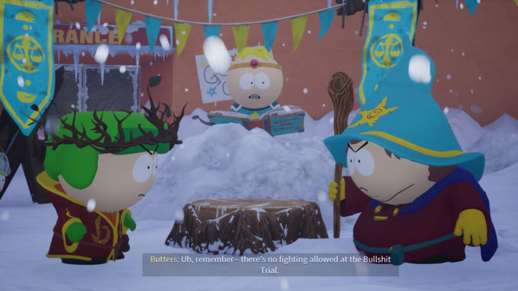 Kyle and Cartman face off in a meeting presided over by Butters in South Park Snow Day