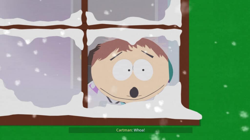 Cartman regarde par la fenêtre avec émerveillement devant toute la neige