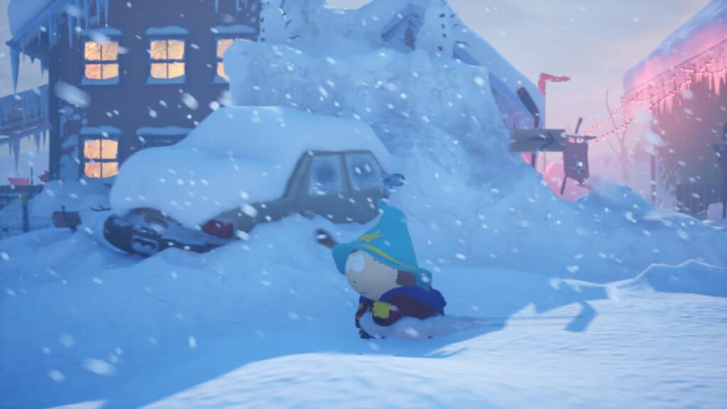 Cartman wades through the snow in his wizard costume in South Park: Snow Day
