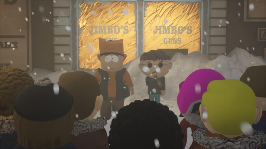 Uncle Jimbo and Ned try to calm an agitated crowd outside their store