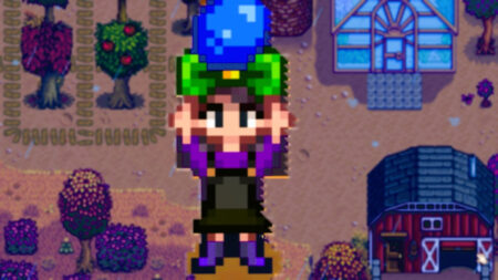 A character holds a blueberry over their head in Stardew Valley