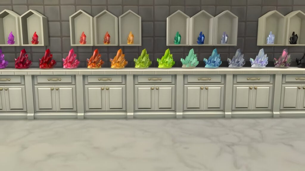 A variety of crystals on display in The Sims 4
