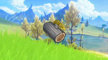 The Ash Wood Icon as seen in Genshin Impact, placed in front of a series of Ash Trees.