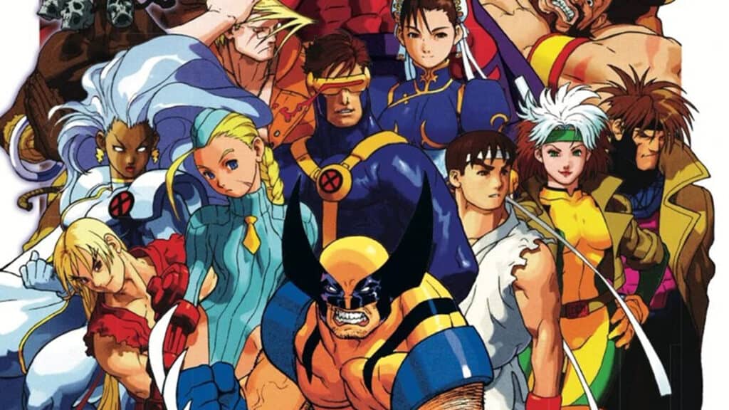 One of the posters for X-Men Vs Street Fighter, featuring the game's full roster. 