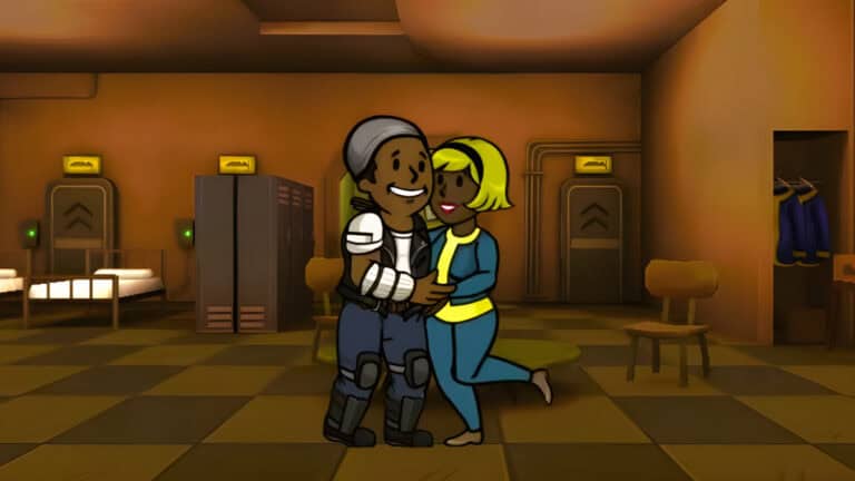 Loving parents embrace in Fallout Shelter