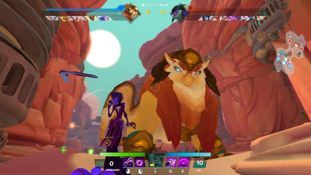 Xenosia stands face-to-face with a Guardian in Gigantic: Rampage Edition