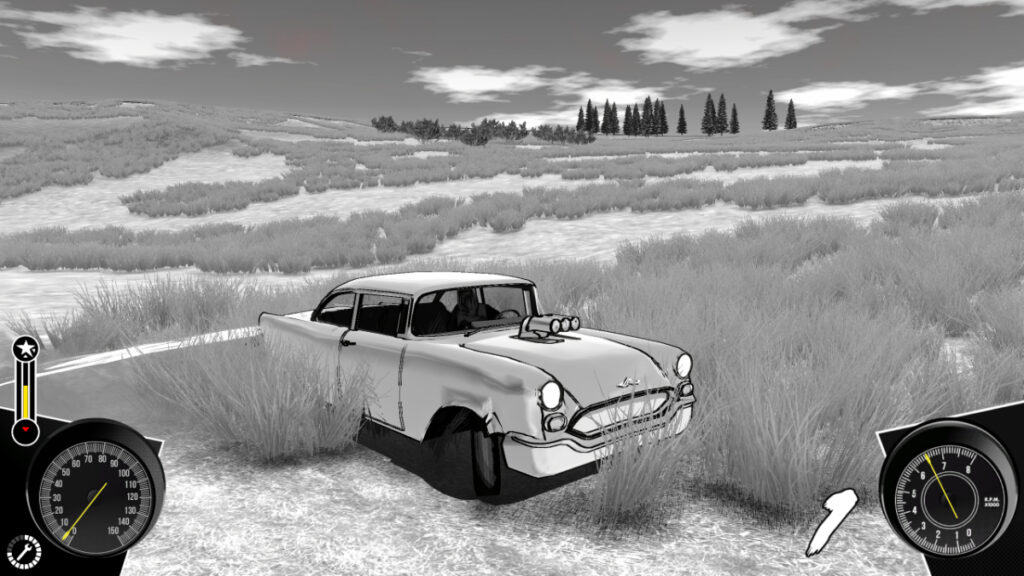 The player's car drifts in an open field