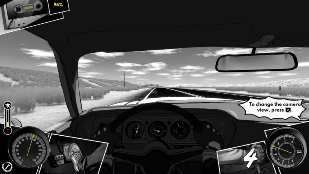 A first-person view of the player driving down the road in Heading Out