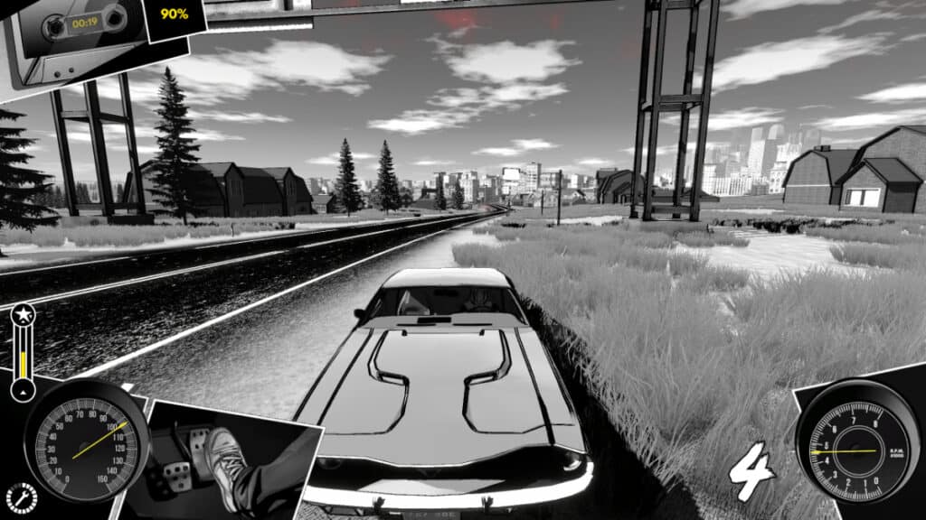 Una visuale dall'alto dietro l'auto del giocatore mentre sfreccia lungo la strada