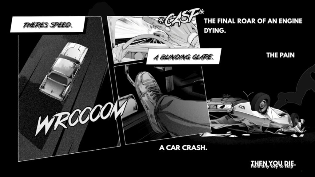 Des panneaux de bande dessinée représentent un accident de voiture dans Heading Out