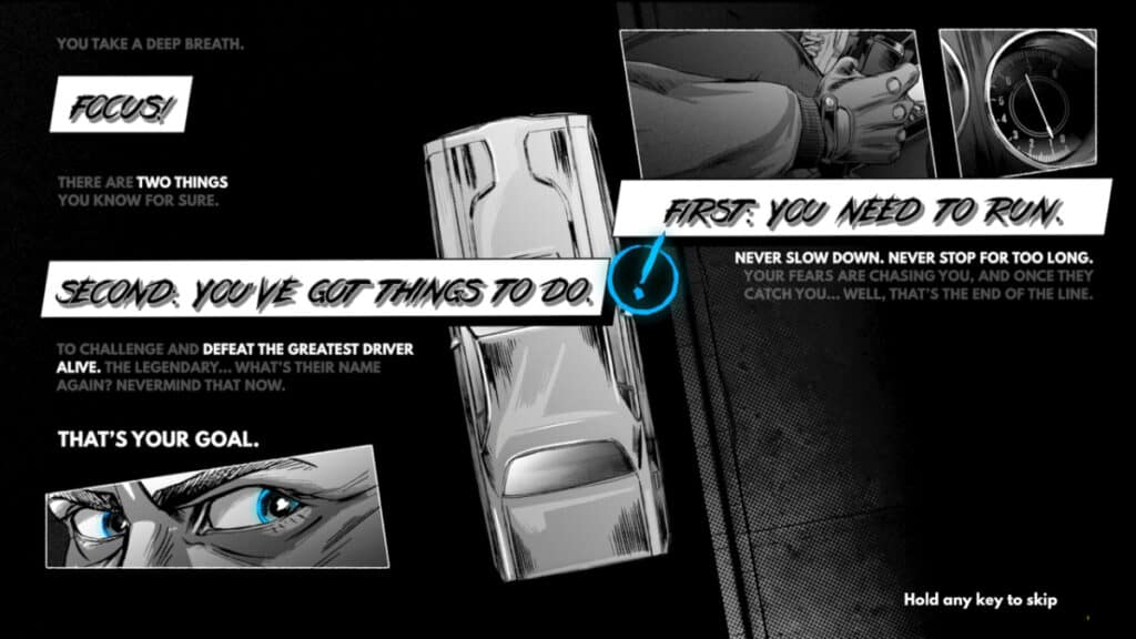 Comic book panels explain the player's mission to beat the Greatest Driver Alive in Heading Out