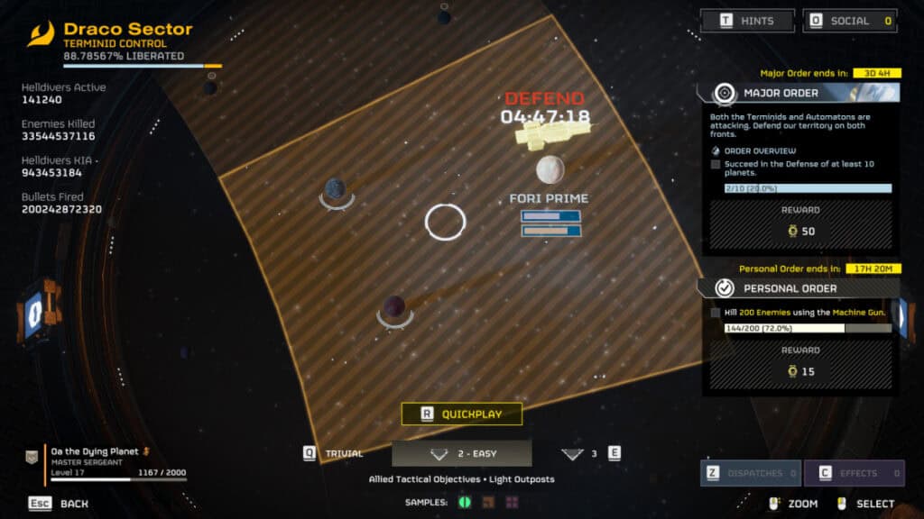 A close-up of Fori Prime and the nearby planets, part of the supply lines in Helldivers 2