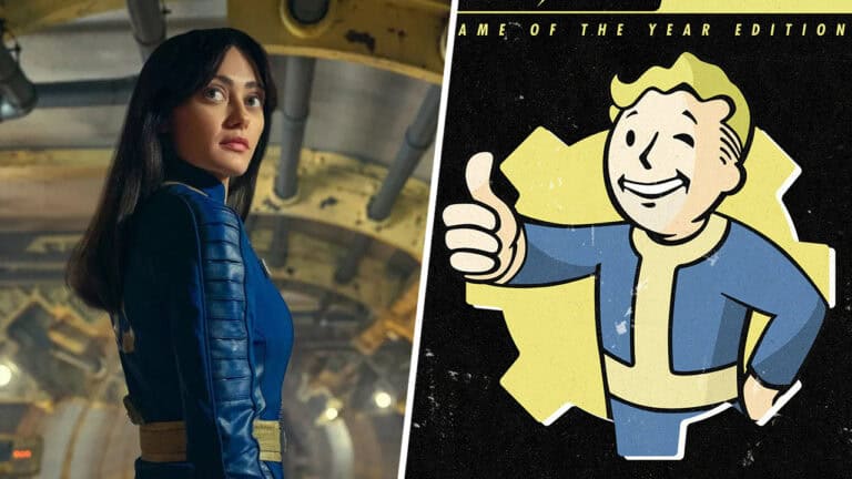 Ella Purnell as Lucy MacLean, side by side with the cover of Fallout 4 GOTY.