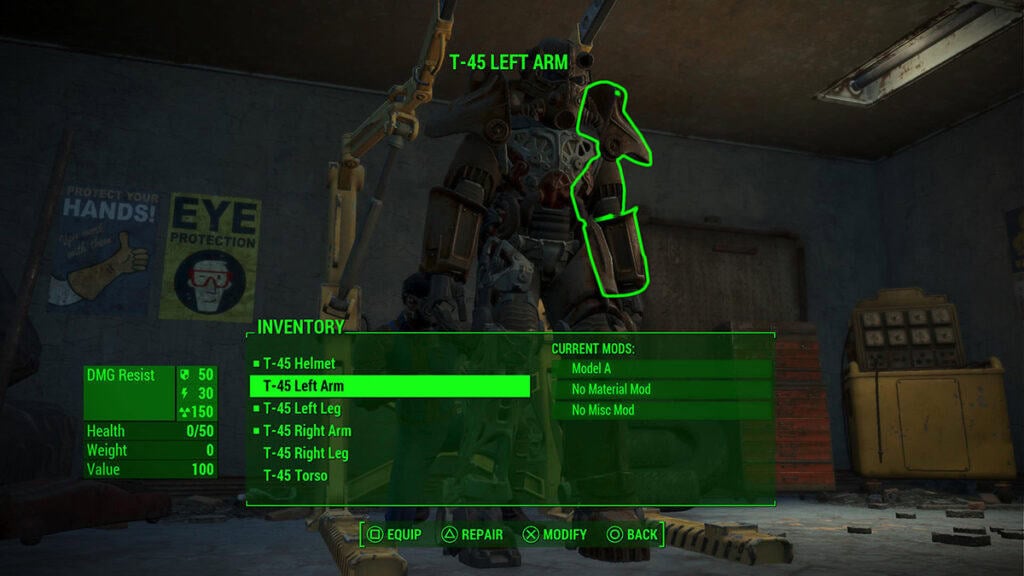 The Power Armor craft/repair screen in Fallout 4. 
