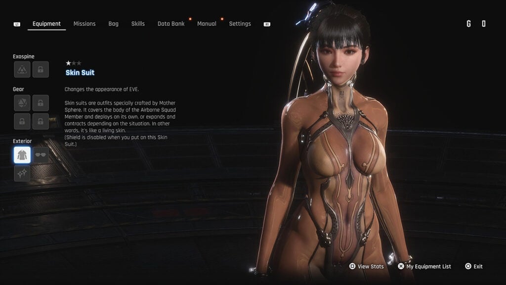 Eve wearing the Skin Suit, as showcased in the game's equipment screen.
