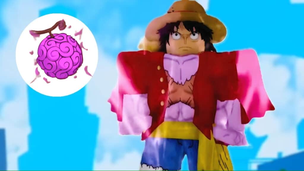 A character dressed as Luffy poses beside the Gum Fruit in King Legacy