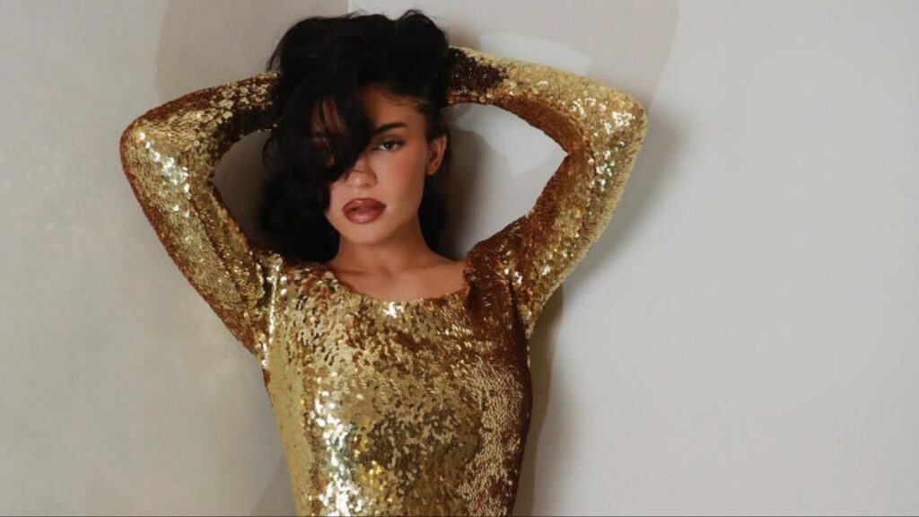 Kylie Jenner poses in a shimmery dress