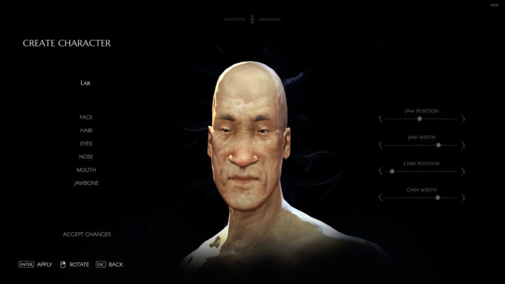 A close-up of a man's face during character creation in No Rest for the Wicked