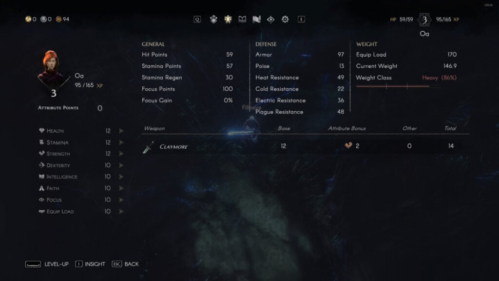 A list of the character's basic stats and Attributes
