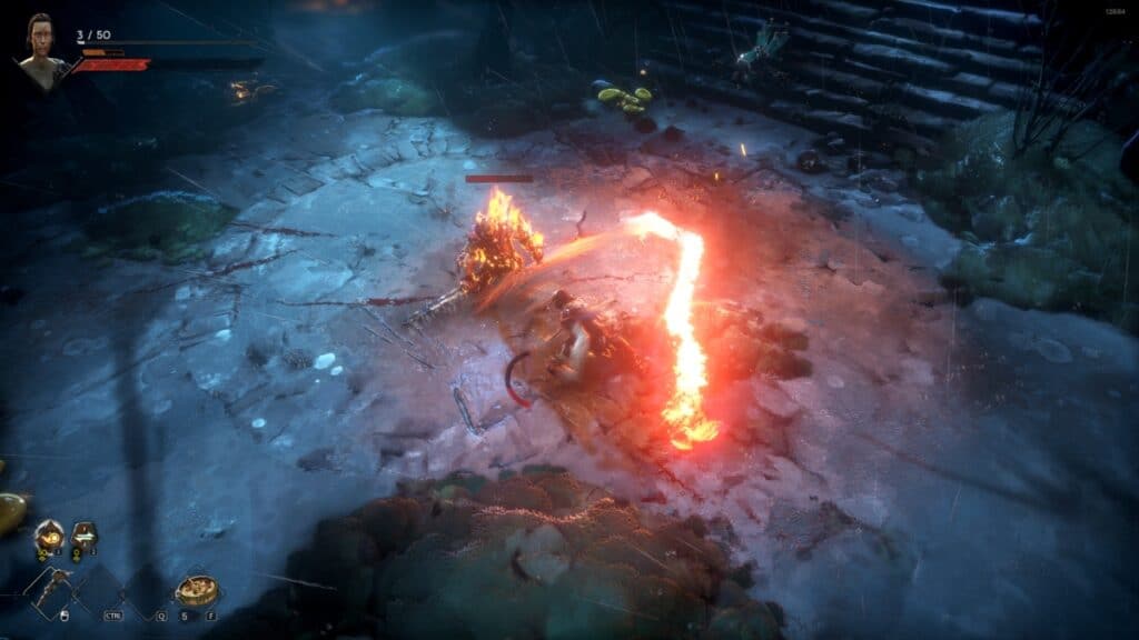The player casts a flame spell on an enemy in No Rest for the Wicked