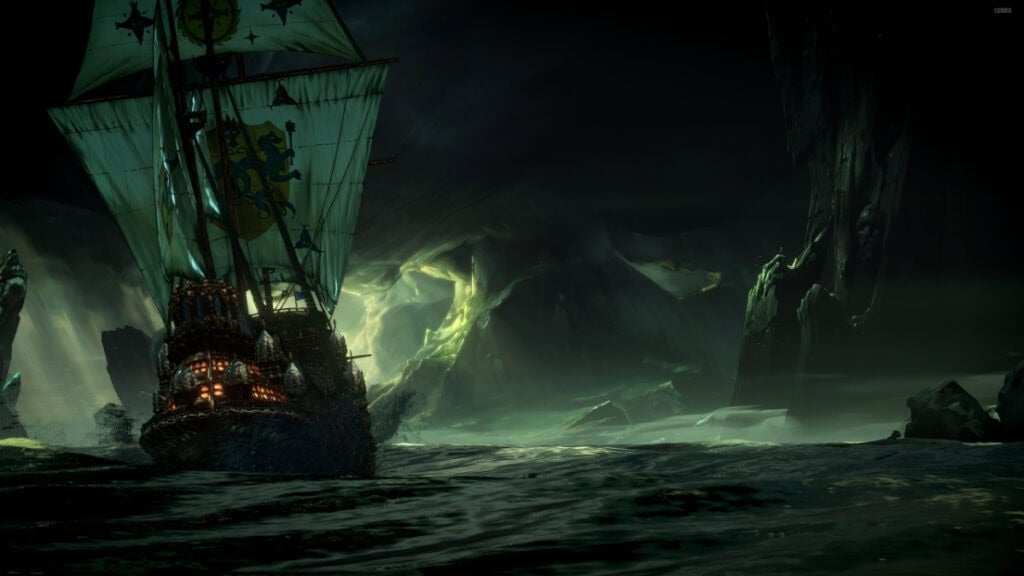 A ship sails past eerie green cliffs in No Rest for the Wicked