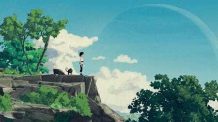 Lana and Mui stand on a cliff in Planet of Lana