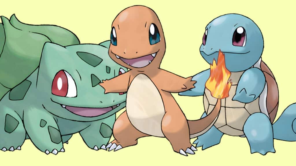 Charmander, Bulbasaur, and Squirtle posing together