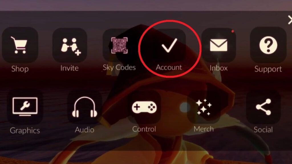 The Account icon circled in the settings menu of Sky when linking your account to Steam