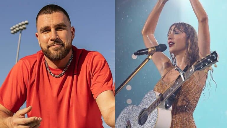 Taylor Swift and Travis Kelce photo merge.
