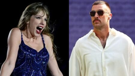 Taylor Swift and Travis Kelce photo merge