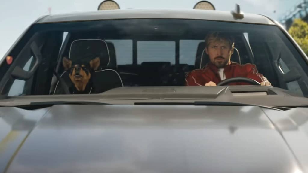 Ryan Gosling and the dog in The Fall Guy