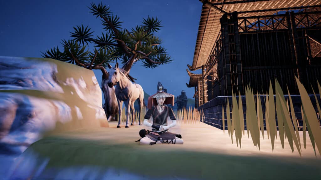 The player meditates beside a building while their horse stands guard in The Matchless Kungfu