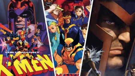 Portions of the posters for X-Men Arcade and X-Men Vs Street Fighter, and a portion of the cover of X-Men Legends.