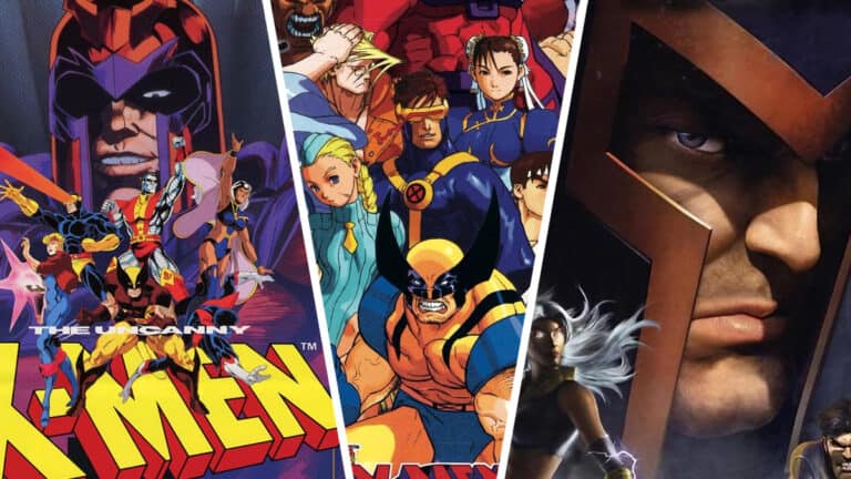 Portions of the posters for X-Men Arcade and X-Men Vs Street Fighter, and a portion of the cover of X-Men Legends.