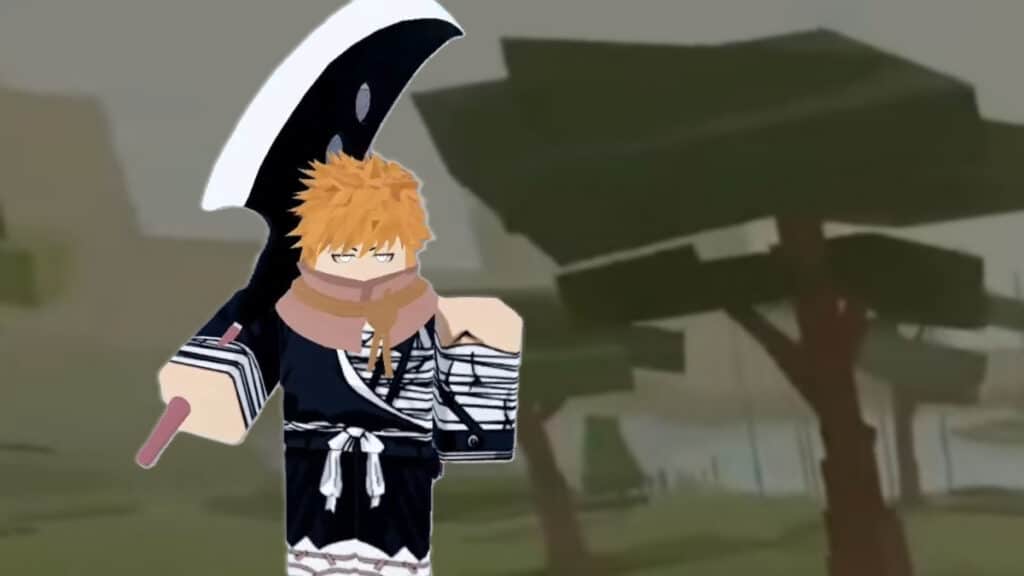 A character with a huge sword stands before some trees in Type Soul Roblox
