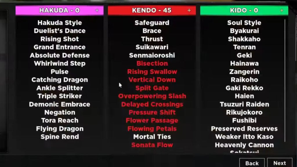 A list of the Kendo skills in Type Soul
