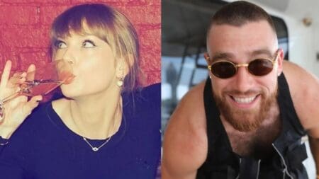 Taylor Swift and Travis Kelce posing.